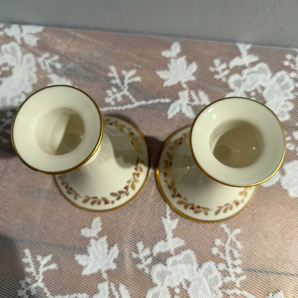 Lenox Eternal Christmas Candlestick Holders Set 2 Ivory Gold Holiday Excellent